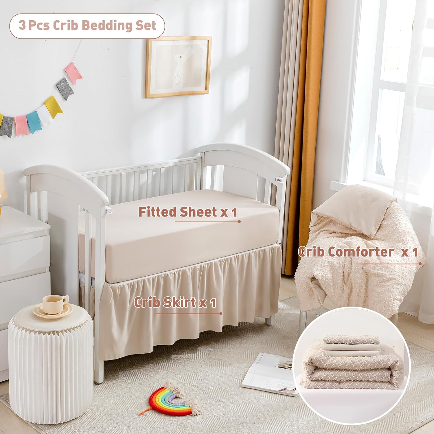 Cokouchyi 3 Piece Bedding Set for Boy Girls, Jacquard Tufted Geometric Crib Set, Includes Skirt