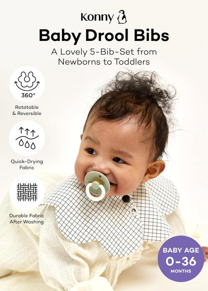 Konny Baby Bibs 5-Pack, 360 ° Rotate, Soft and Absorbent Bandana Drooling for Boys Girls baby Essentials