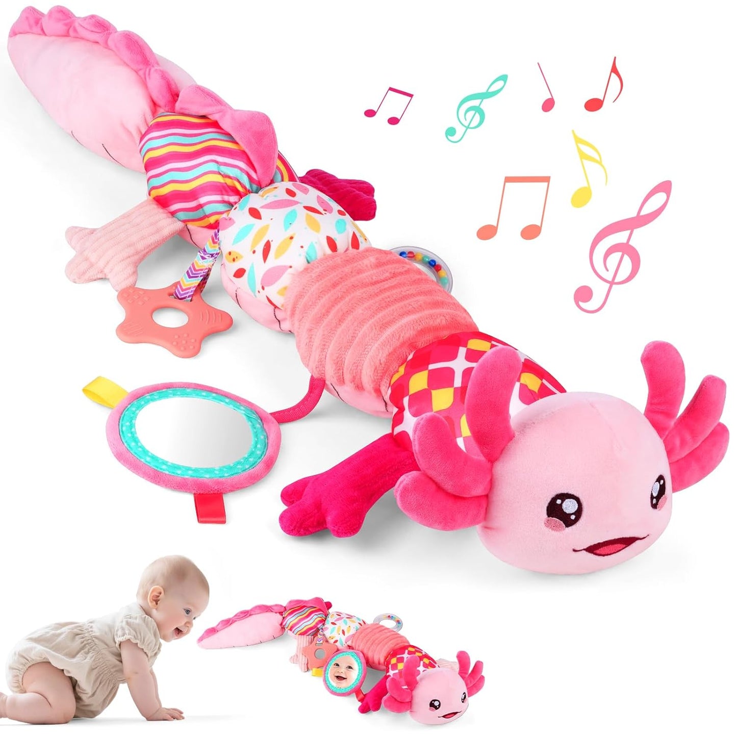 Baby Girls Toys 0-6 6-12 Months,Sensory Axolotl Caterpillar Toys Baby Rattles Musical Tummy Time Toys for 0 3 6 9 12 Months Stuffed Plush with Crinkle, Mirror,Teether for Infant Newborn Shower Gifts