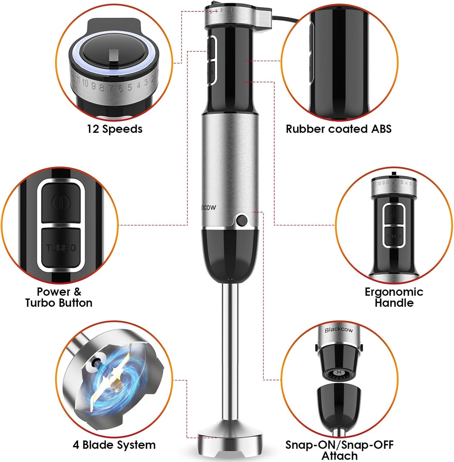Immersion Blender Handheld, 800W Powerful Electric Hand Blender with Titanium Alloy Blades, 12