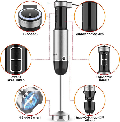 Immersion Blender Handheld, 800W Powerful Electric Hand Blender with Titanium Alloy Blades, 12