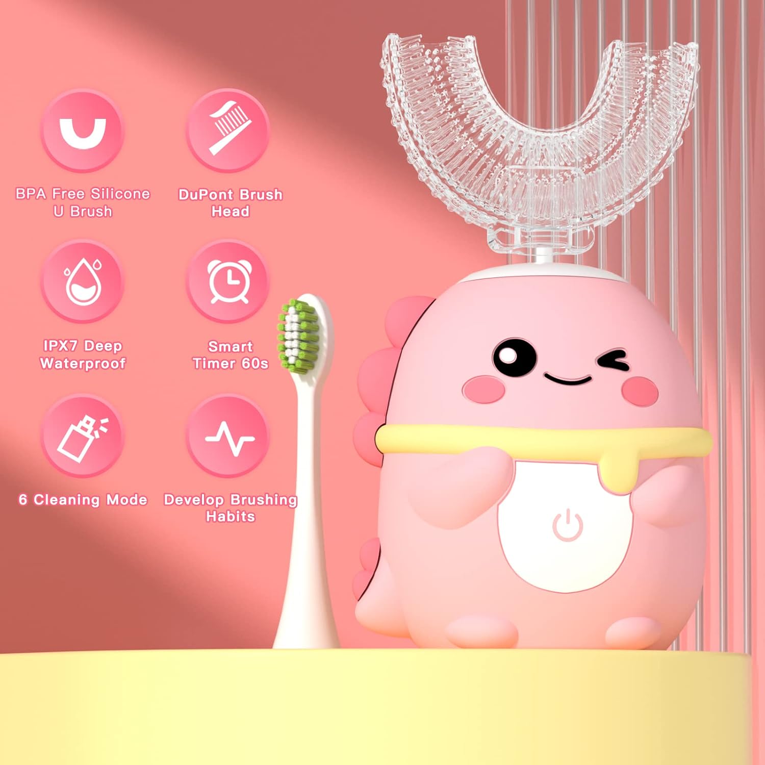 Kids Electric Toothbrush U Shaped Toddler Auto Sonic Toothbrushes with 5 Brush Head,Cartoon