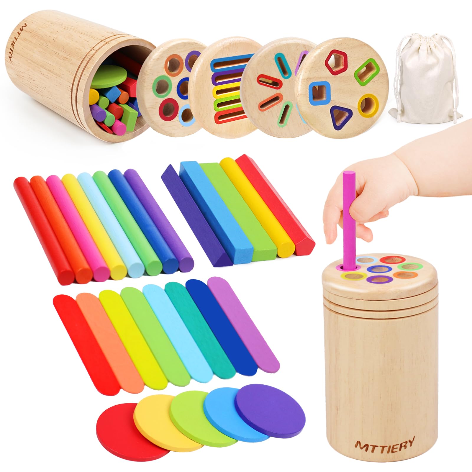 MTTIERY 4 in 1 Wooden Color Sorting Toy, Montessori Toys for 2 3 4 Year Old