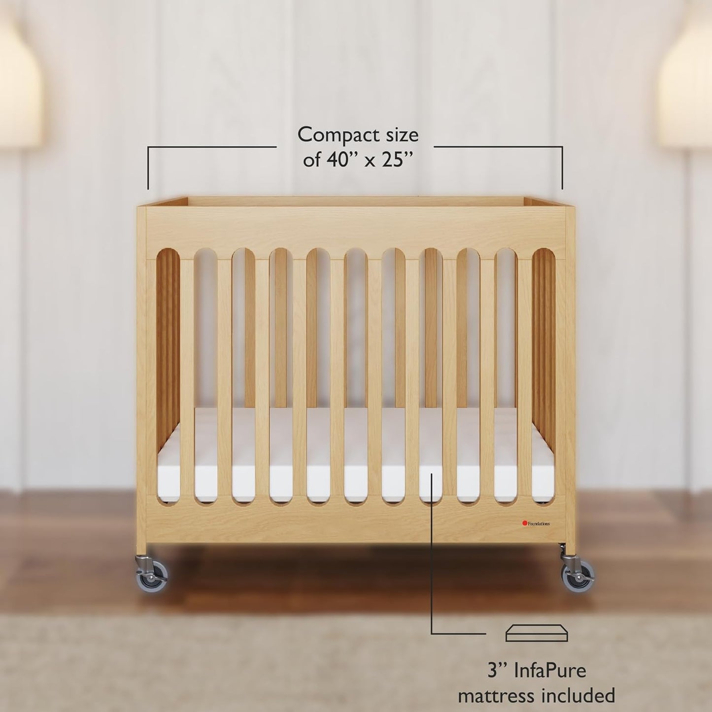 Foundations Boutique Folding Mini Baby Crib - Compact, Portable, Wooden Hotel Crib, Foldable Mini