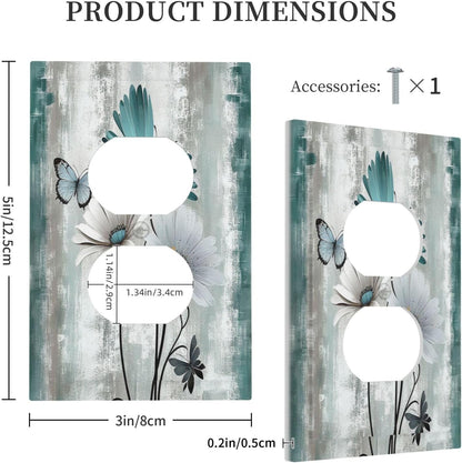 Outlet Covers Rustic Teal Daisy Floral Flowers Butterfly Wood Grain 1 Gang Duplex Wall Plate Decorative Switch Plates Electrical Receptacle Faceplate Light Switch Cover for Bathroom Bedroom