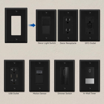 ELEGRP Decorative Receptacle Wall Plate, 1-Gang Mid Size Outlet Decorator Cover, Unbreakable Polycarbonate Dual Port Faceplates Covers, UL Listed, Screws included (10 Pack, Glossy Black)