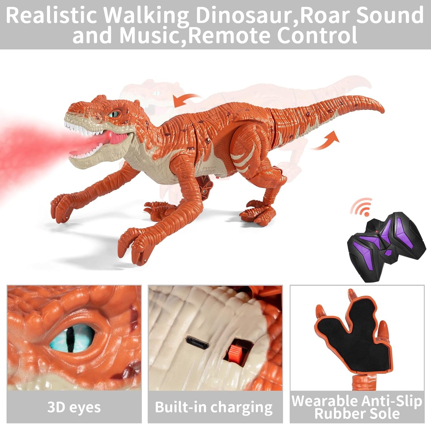 TEMI Large Remote Control Dinosaur Toy for Kids, Rc Simulated T-Rex Dinosaur Toy with Water Mist Spray, Light and Sounds, Electric Walking Dinosaur Robot for Boys Girls 3 4 5 6 7 Years