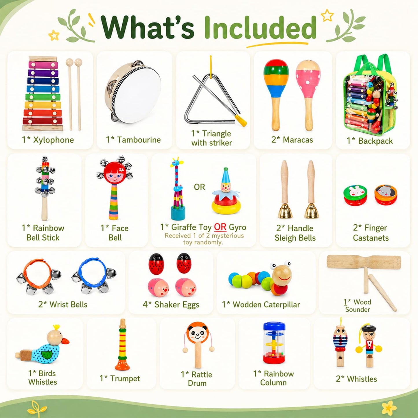 Kids Musical Instruments, 33Pcs 18 Types Wooden Percussion Instruments Tambourine Xylophone Toys