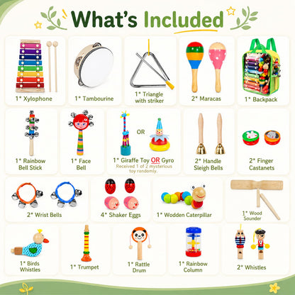 Kids Musical Instruments, 33Pcs 18 Types Wooden Percussion Instruments Tambourine Xylophone Toys