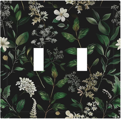 Decorative Switch Covers Plate Rustic Green Leaves White Flower 2 Gang Wall Plate Unique Double Toggle Light Switch Plate Wall Cover Plate Faceplate for Country Bedroom Home Decor