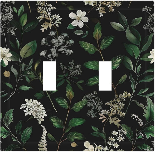 Decorative Switch Covers Plate Rustic Green Leaves White Flower 2 Gang Wall Plate Unique Double Toggle Light Switch Plate Wall Cover Plate Faceplate for Country Bedroom Home Decor