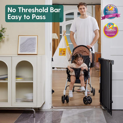 Babelio 34" Extra Tall Baby/Dog Gate with No Threshold Design Walk Thru Door, 26-43" Auto Close Safety Gate for Babies, Elders and Pets, Fits Doorways, Stairs, and Entryways, Black