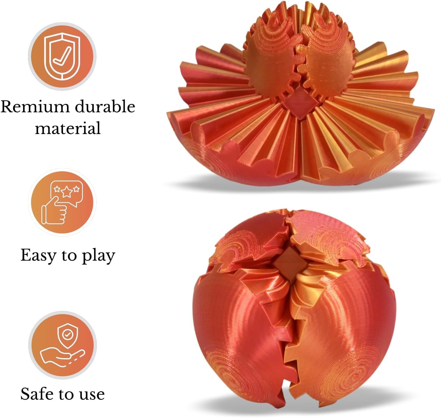 3D Printed Gear Ball, Gear Sphere Fidget Toy Stress Relif Toy for ADHD, Anxiety Relaxing Toy for Adults at Work/Study/Travel, Red-Gold