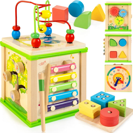 WOODMAM Wooden 7-in-1 Activity Cube, Montessori Toys for 1 2 Year Old