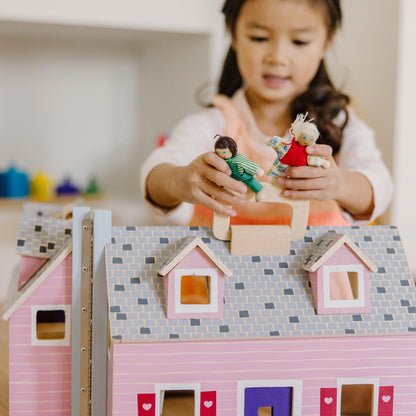 Melissa & Doug Fold & Go Wooden Dollhouse with 2 Dolls and 11 Pieces of Furniture - Portable Mini
