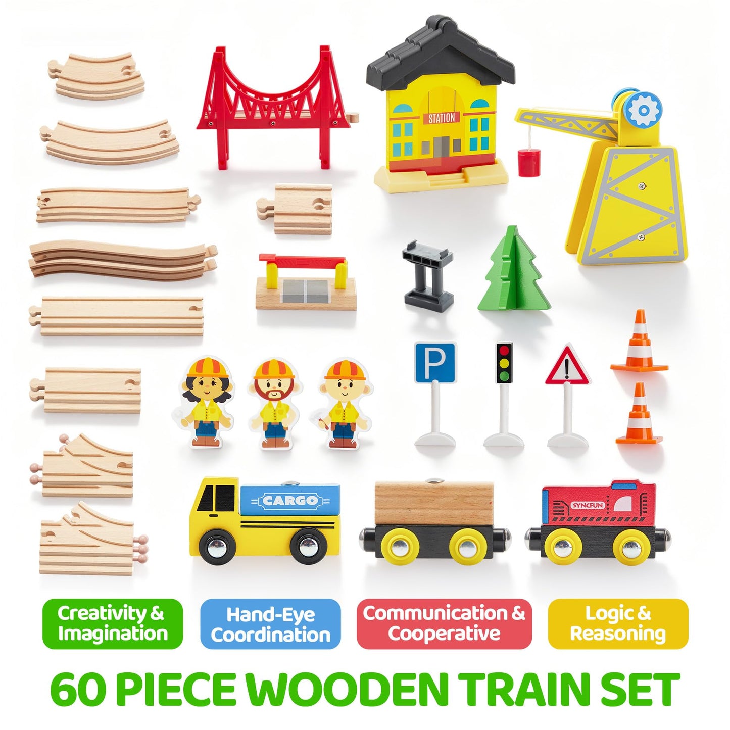 60PCS Wooden Train Set - Toy Magnetic Trains with Wooden Track Set for Kids Ages 3-8, Construction