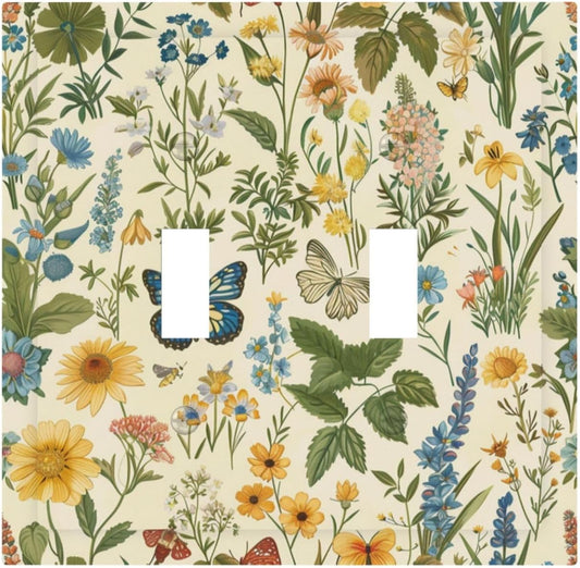 Decorative Switch Covers Plate Rustic Plant Garden Leaf Flower Butterfly 2 Gang Wall Plate Unique Double Toggle Light Switch Plate Wall Cover Plate Faceplate for Bedroom Home Decor