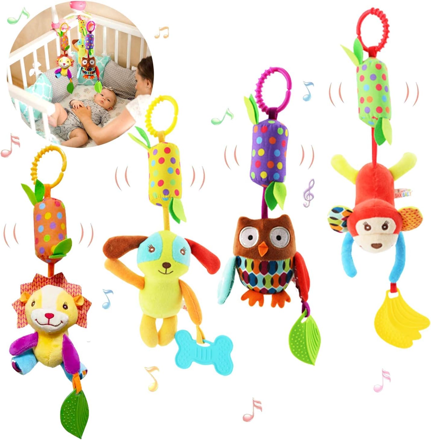 BLOOBLOOMAX Baby Soft Hanging Rattle, Car Seat Stroller Toys with Plush Animal C-Clip Ring for Infant Babies Boys and Girls 3 6 9 to 12 Months (4pcs)