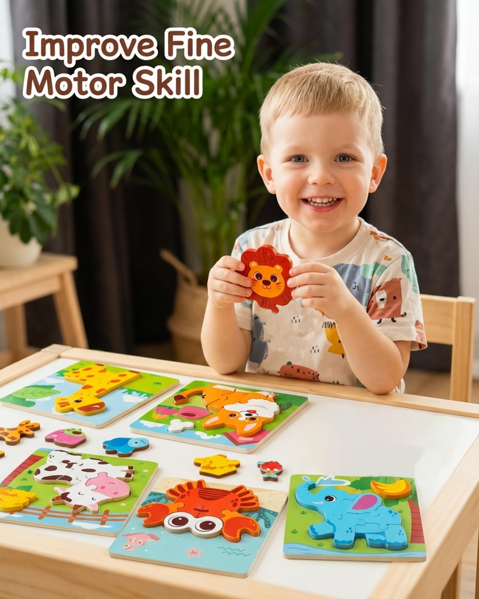 YUNCHY Wooden Puzzles for Toddlers 1-3, 6pcs Animal Jigsaw Puzzles for Toddlers, Montessori