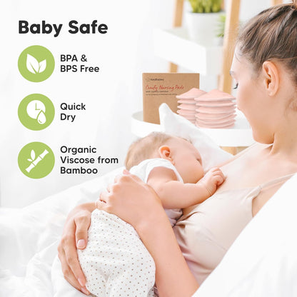 Organic Nursing Pads - 14 Washable Viscose Derived from Bamboo Breastfeeding Pads, Wash Bag