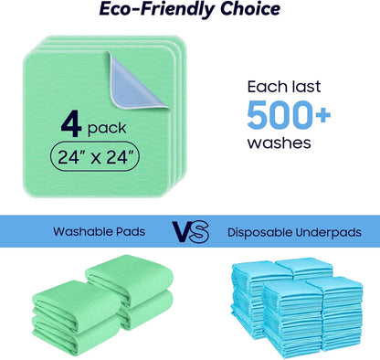 4 Pack 24” x 24” Extra Heavy Absorbency Washable Underpads, Waterproof Nursing Pads Incontinence
