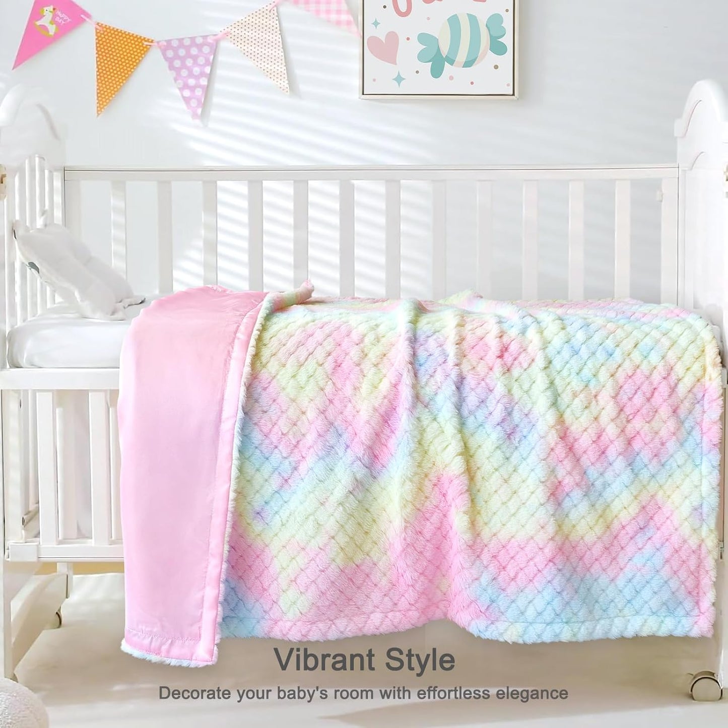 Baby Blanket for Girls Tie Dye Rainbow Fleece Fluffy Fuzzy Blanket with Soft Luxury Silk Silky