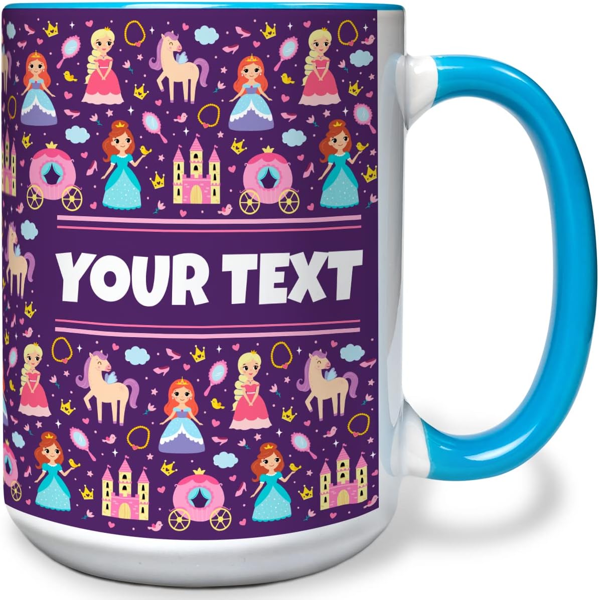 Personalized Mug for Kids - Princesses - Custom Name/Text, Ceramic Hot Chocolate/Cocoa/Coffee Cup for Girls, Birthday/Christmas/Holiday Gift - 15 oz, Light Blue Handle