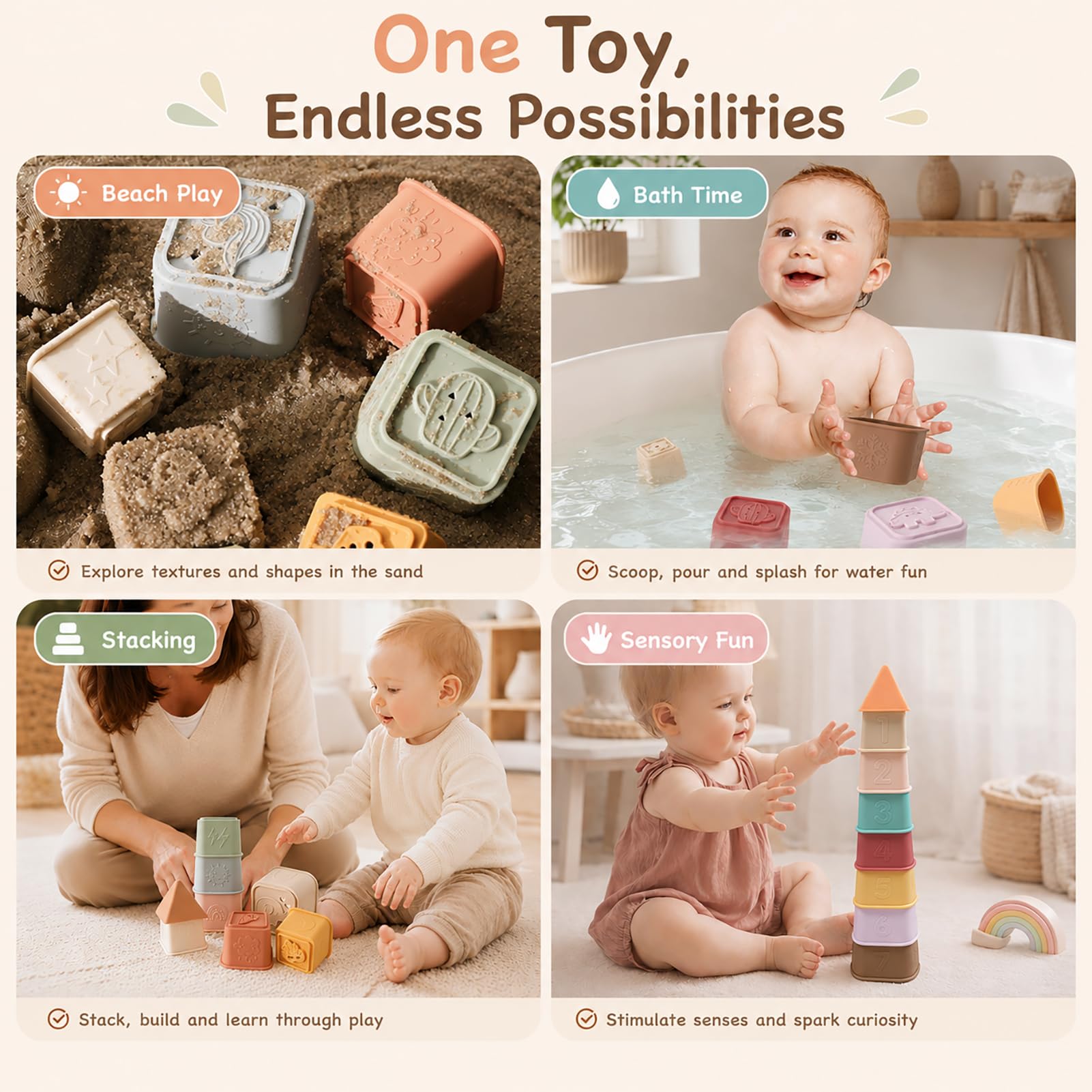 YIVEKO Baby Stacking Cups Toy, Silicone Stacking Tower Educational Baby Toys 6M+, Soft Teething