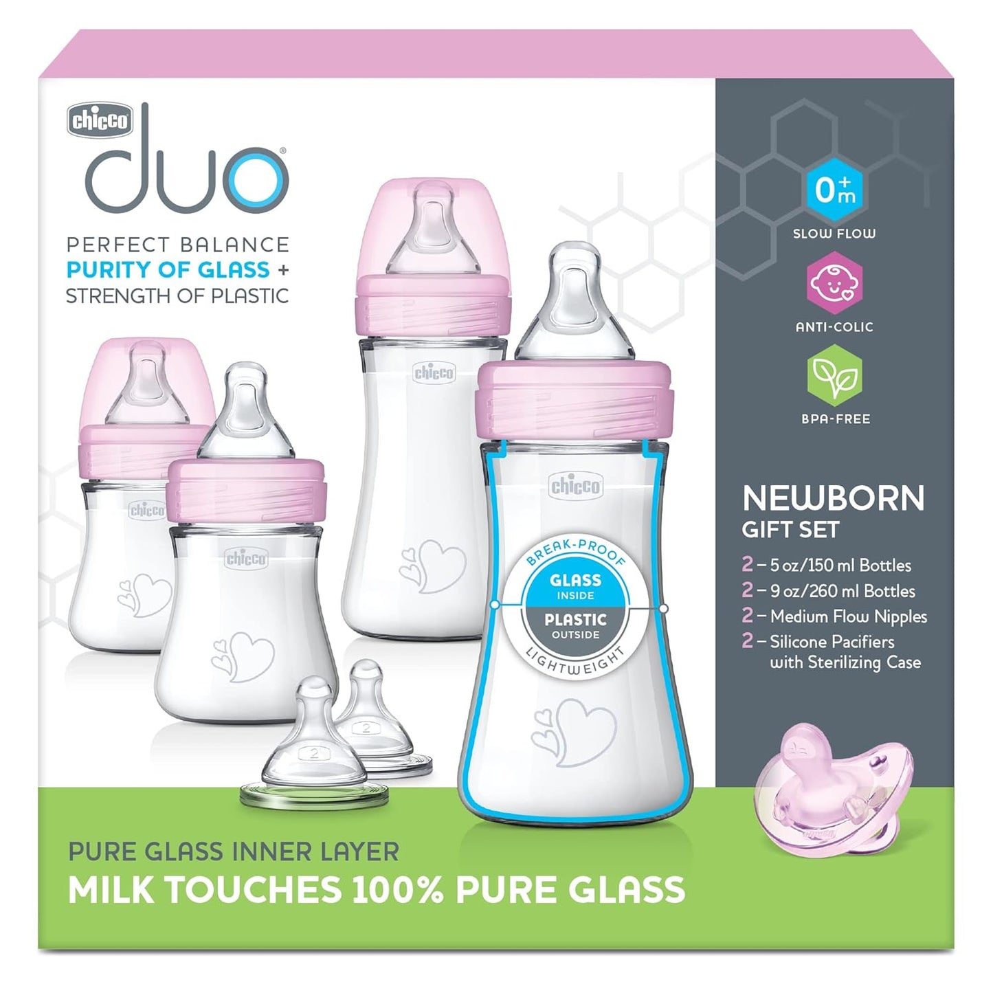 Chicco Duo Newborn Hybrid Baby Bottle Starter Gift Set with Invinci-Glass Inside and Plastic