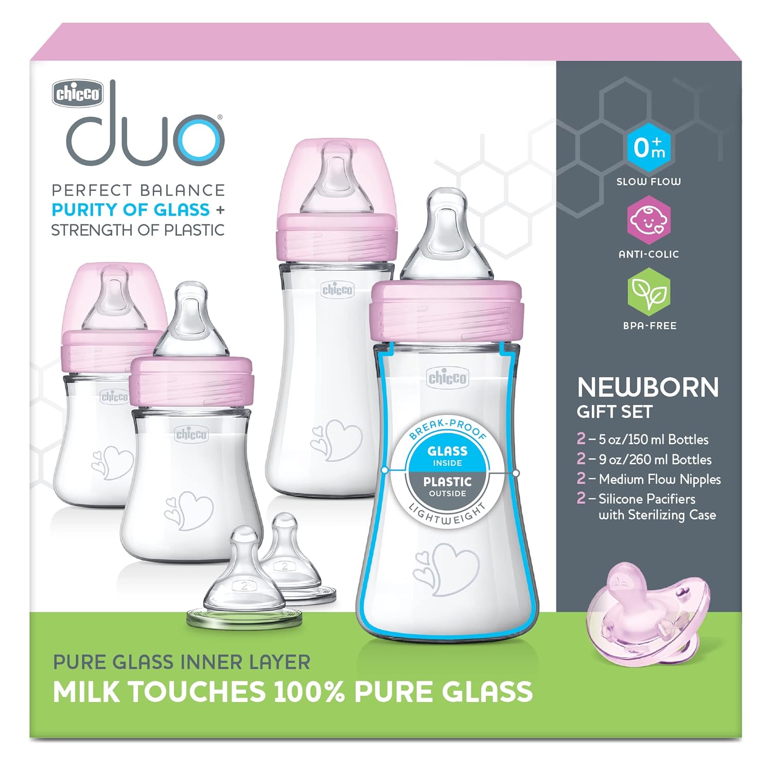 Chicco Duo Newborn Hybrid Baby Bottle Starter Gift Set with Invinci-Glass Inside and Plastic