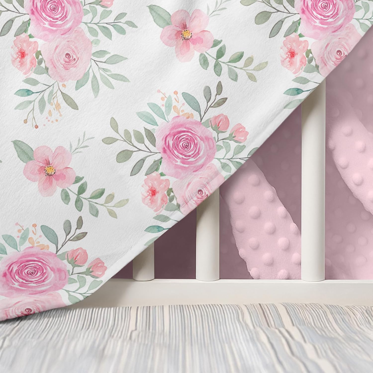 Floral Minky Baby Blanket 30 x 40 Inches for Girls, Soft Plush Receiving Blanket with Dotted Back