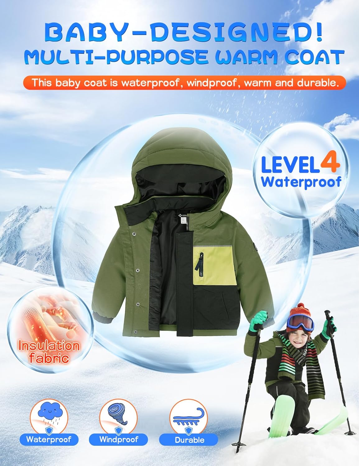 GEMYSE Toddler Boys Winter Coat Waterproof Ski Snow Jacket with Hood Thicken Warm Baby Jacket Outerwear