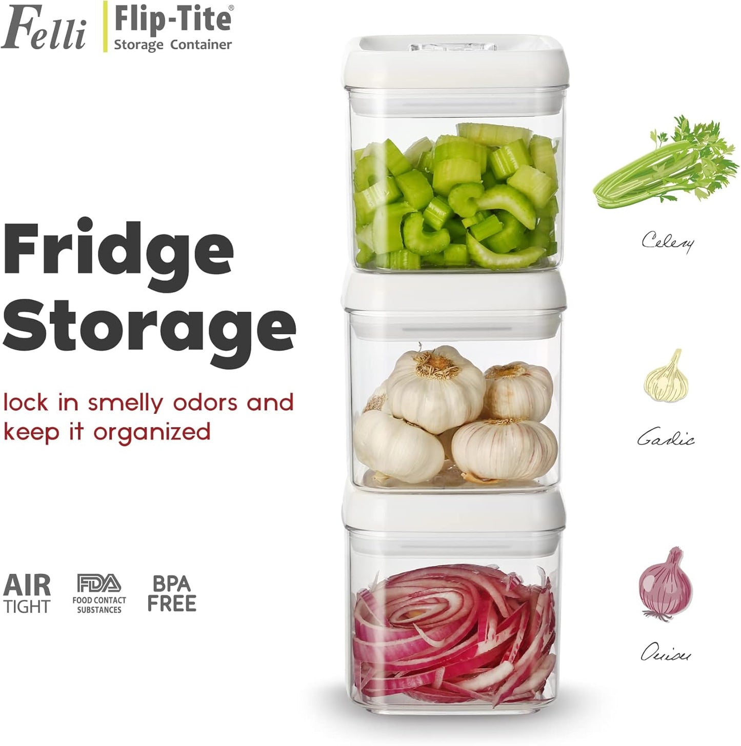 Felli Flip Tite Food Storage Container 5" LARGE Size Airtight Lid Lock Top, Stackable Kitchen