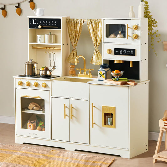 Tiny Land Play Kitchen for Kids – Modern Home Design with Fabric Curtains