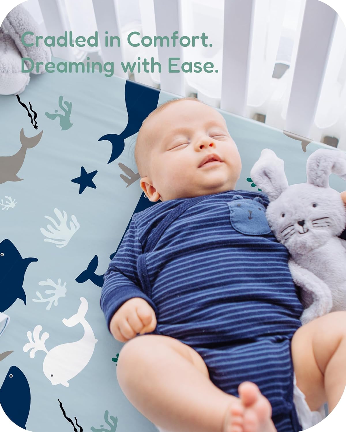 Pack and Play Sheets Fitted, Navy Whale+Blue, Ultra Soft, Breathable and Cozy, Hypoallergenic, 2
