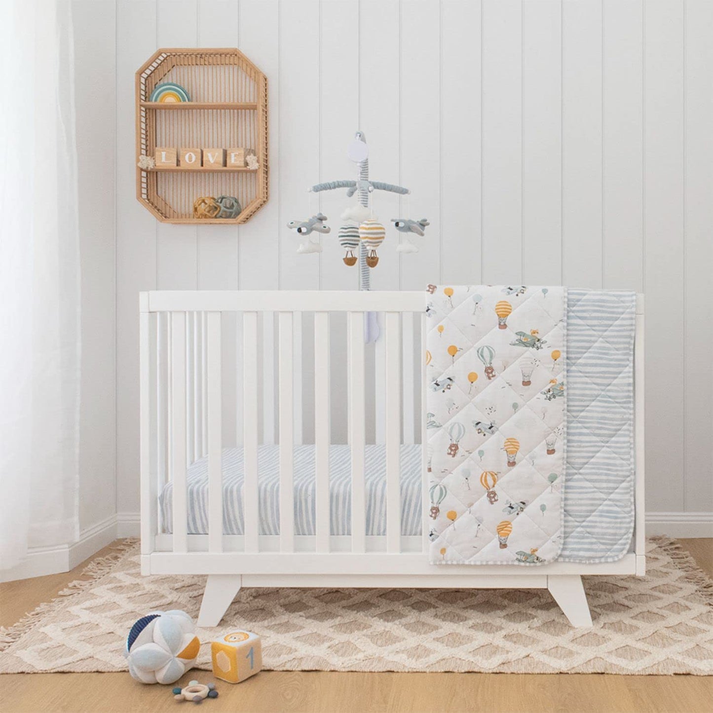 LIVING TEXTILES Baby Music Mobile - Up & Away Crib Toy, Sky Hot Air Balloon,Clouds Planes, Musical Nursery Decor, Calming Soother with 12 Lullabies Essential Perfect Toy for Boys Girls, Blue