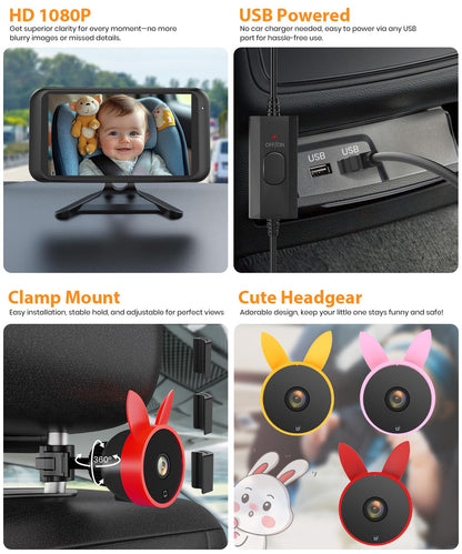 BV2 Baby Car Camera, 4.5'' HD 1080P USB Rear-Facing Mirror, IR Night Vision, 360° Adjustable, Plug & Play Backup Monitor for Child & Pet Safety