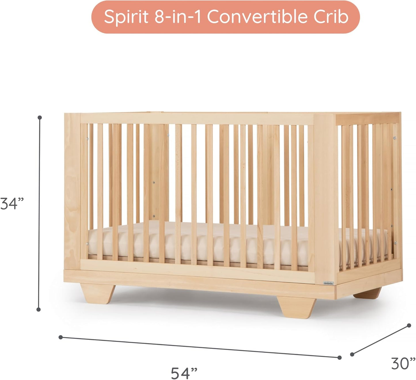 dadada Spirit 8 in 1 Convertible Crib to Toddler Bed & Floor Bed, Made in Italy, Greenguard Gold