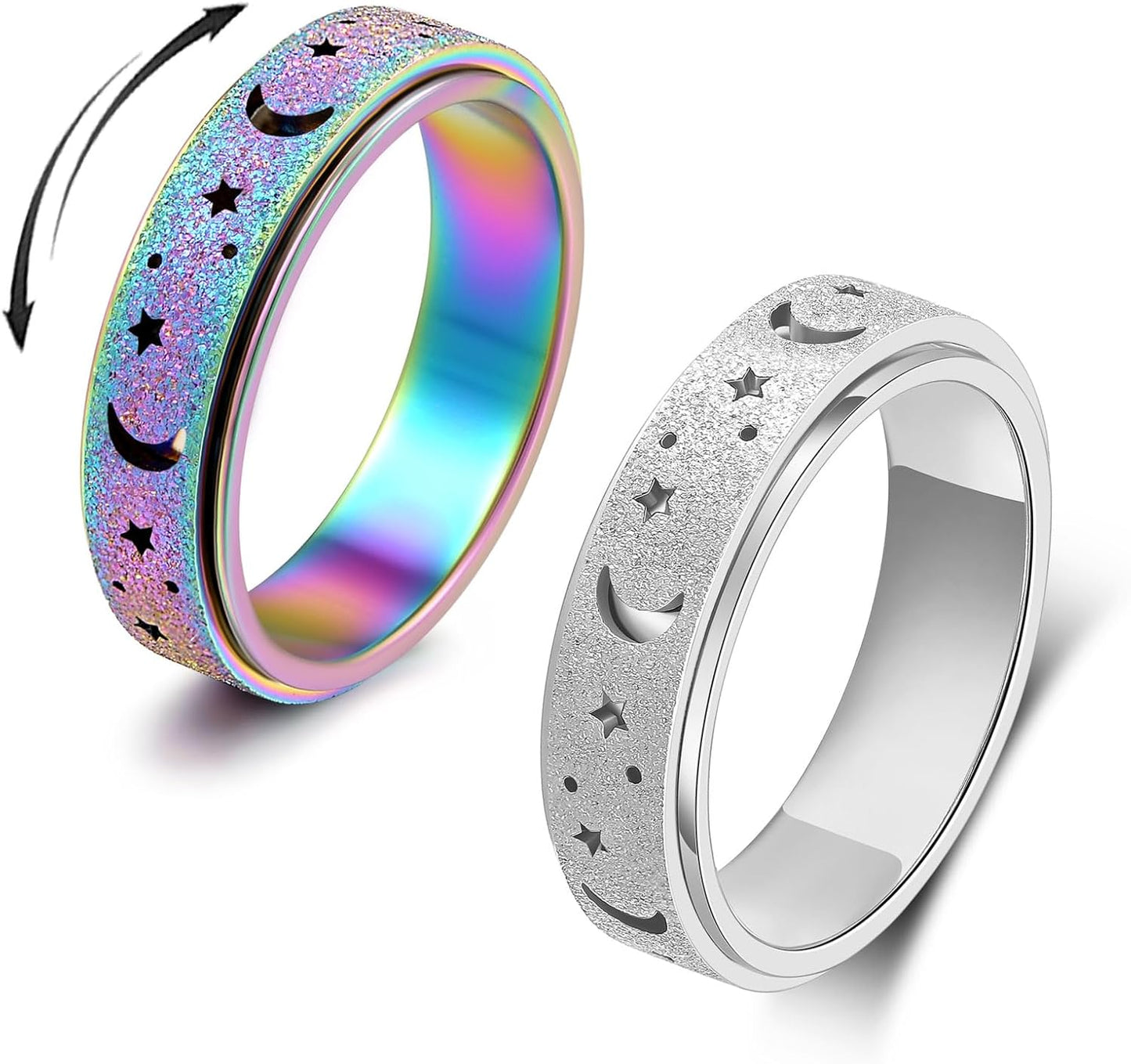 OreilleStar Anxiety Ring for Women Spinner Ring Fidget Ring Fidget Toys Adults Spinner Rings Stainless Steel Silver Rainbow Size 6 Moon Star Band