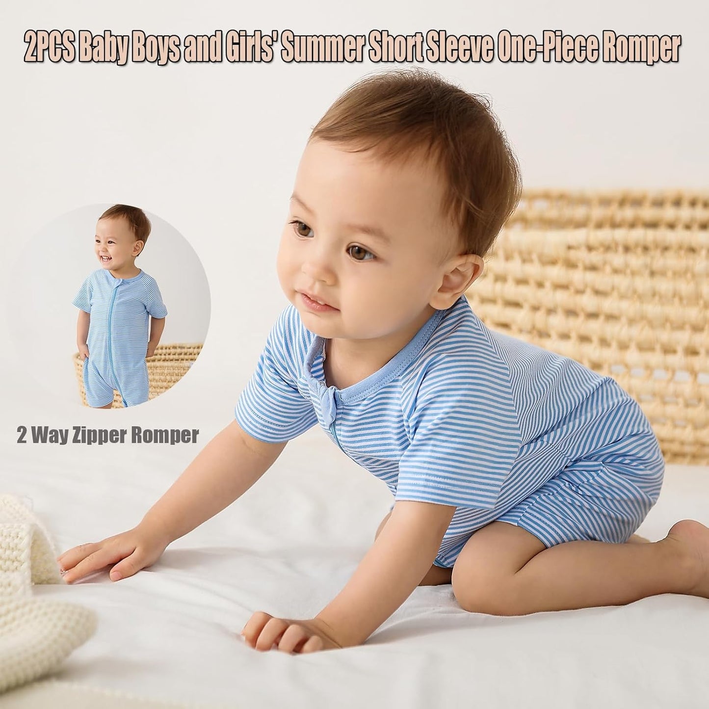 Feidoog Baby Boys 2Pack Rompers Summer Short Sleeve 2 Way Zipper One-Piece Romper Jumpsuit Sleep and Play