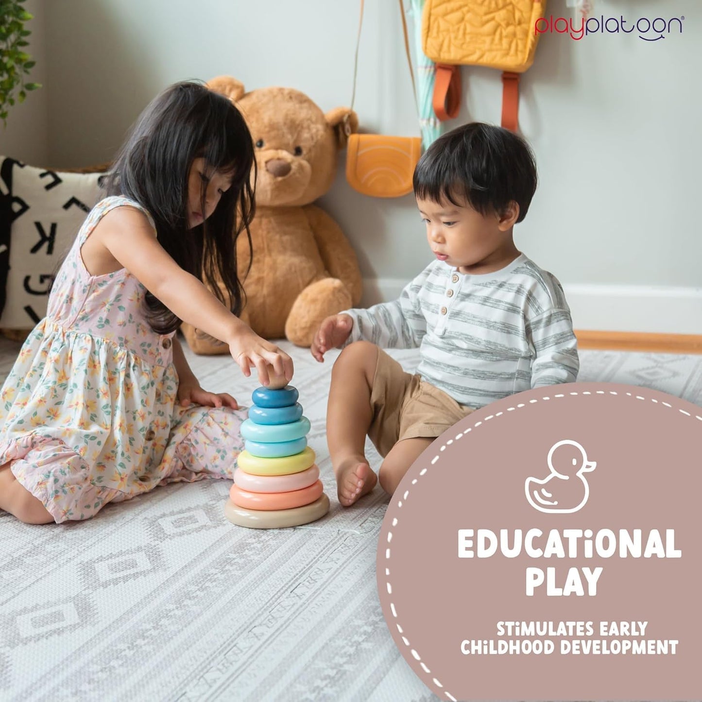 Play Platoon Wooden Rainbow Stacking Toy Ring Stacker, Educational Interactive Learning Toys