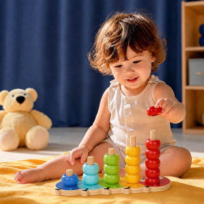 TOWO Wooden Stacking Rings Toy, Caterpillar Counting Ring Stacker