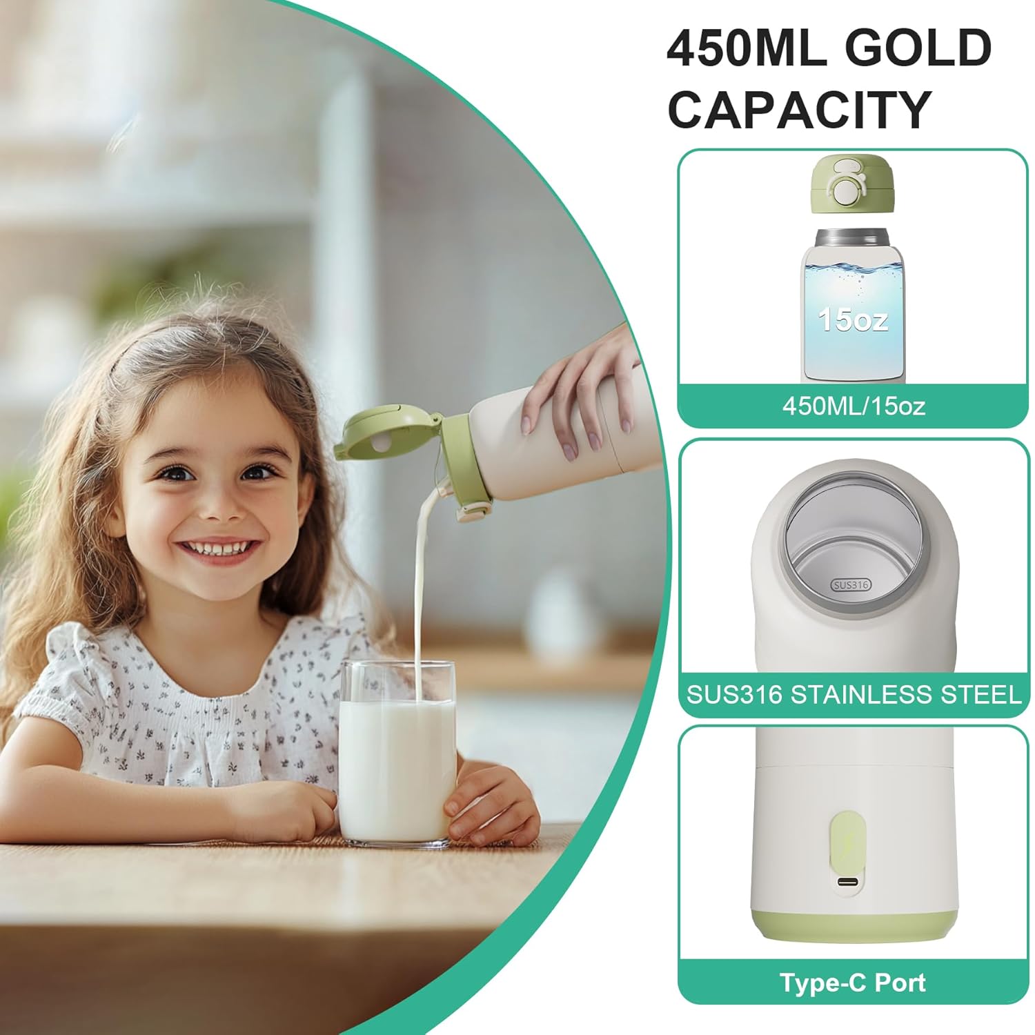 Portable Bottle Warmer for Travel, 15oz Capacity Portable Milk Warmer for Baby, Formula, Breast