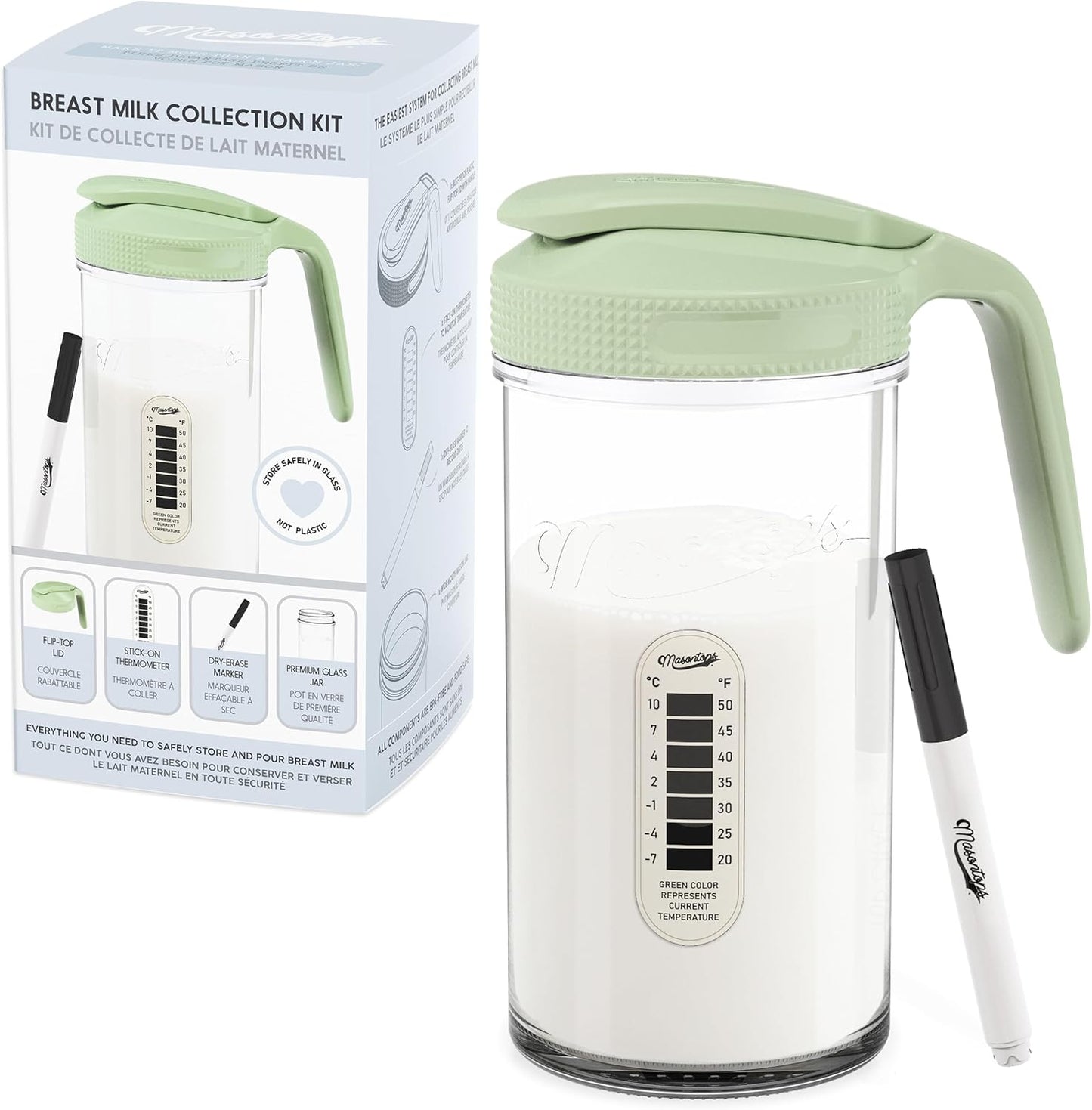 Masontops Breast Milk Storage Kit - 24oz Airtight Mason Jar with Handle, Marker & Stick-on