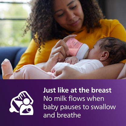 Philips Avent Natural Baby Bottles with Natural Response Nipples (Slow Flow, Flow 2), 4oz, Pink