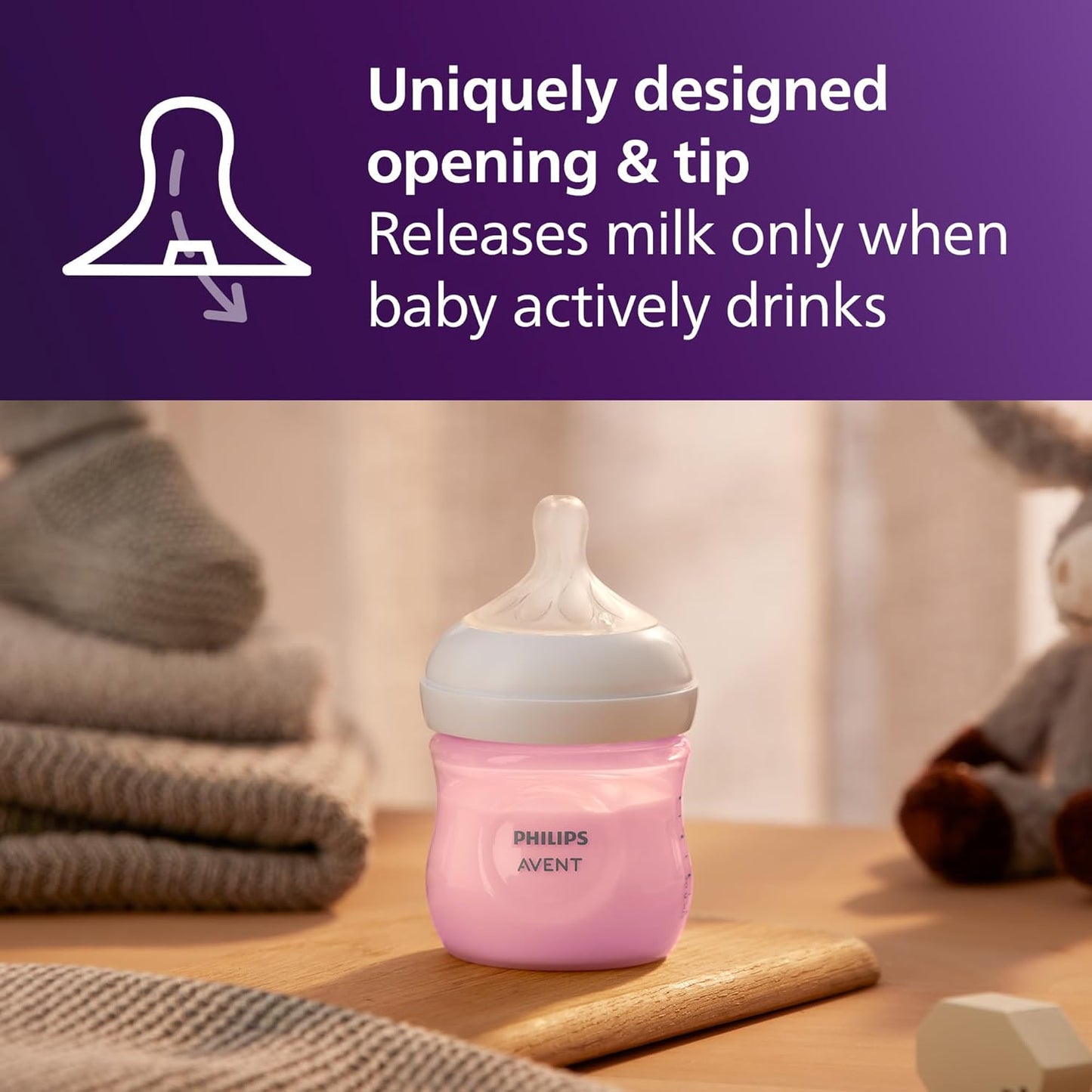 Philips Avent Natural Baby Bottles with Natural Response Nipples (Slow Flow, Flow 2), 4oz, Pink