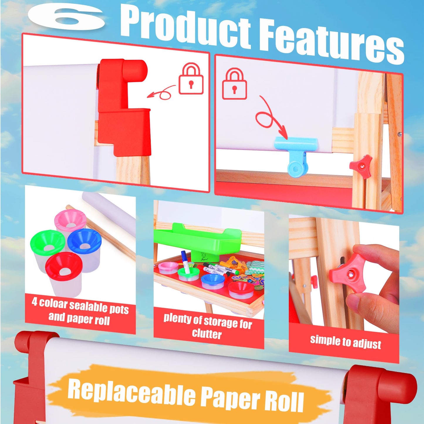 JOYOOSS Kids Wooden Easel with Paper Roll - Adjustable Magnetic Double Sided Drawing Board