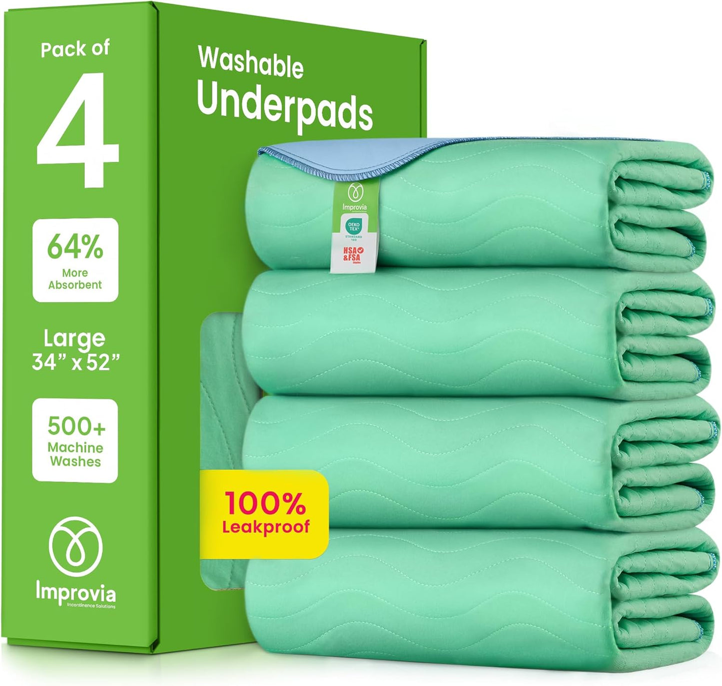IMPROVIA® Washable Underpads, 34" x 52" (Pack of 4) - Heavy Absorbency Reusable Incontinence Pads