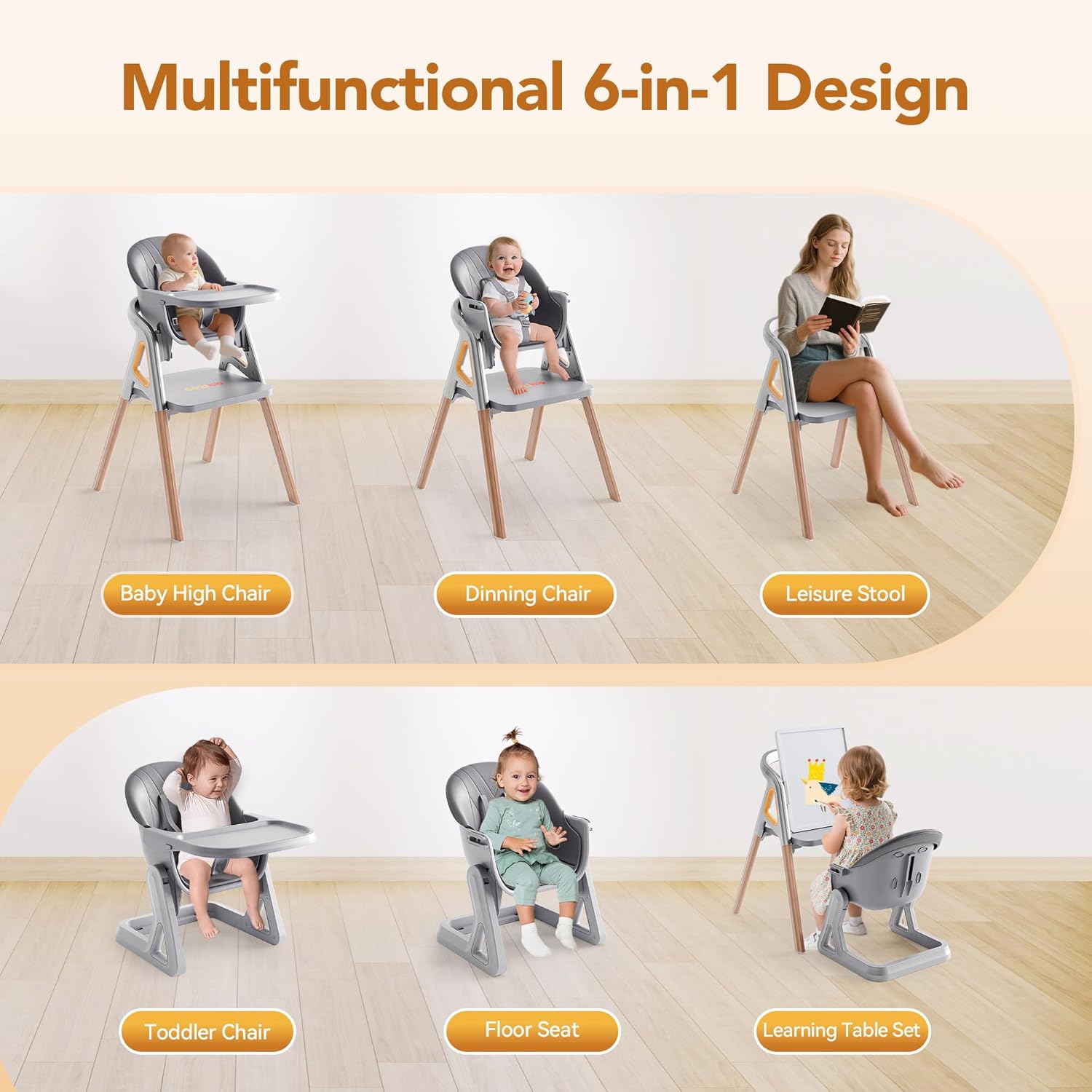 CoziBB Baby High Chair, 6 in 1 Convertible Growing Baby Highchairs for Babies and Toddlers, Baby