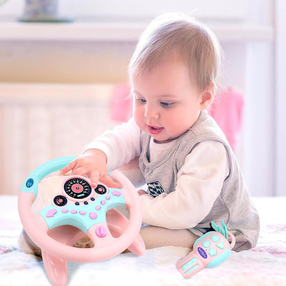 deAO Kids Steering Wheel for Backseat with Key Baby Toys Pretend Driving Simulated Steering Wheel Toy with Light and Music Gifts for Kids Toddlers (Pink)